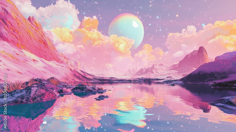 A planet with an atmosphere that refracts light into vivid rainbow colors, creating an otherworldly, prismatic sky A planet with an atmosphere that refracts light into vivid rainbow colors, creating an otherworldly, prismatic sky