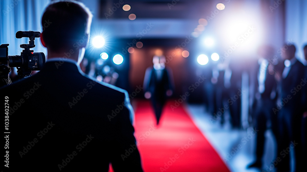 Celebrity walking down the red carpet under bright spotlights. Man in formal attire on red carpet at prestigious event. Celebrity walking down the red carpet under bright spotlights. Man in formal attire on red carpet at prestigious event.