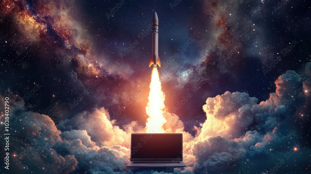 A vivid rocket launch from a laptop screen against a cosmic backdrop, showcasing the convergence of technology and space exploration A vivid rocket launch from a laptop screen against a cosmic backdrop, showcasing the convergence of technology and space exploration