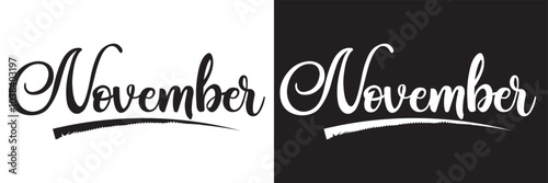 Hey November. Calligraphy Handwritten Black and white Color Text On white and black  Background.  Vector illustration. EPS 10