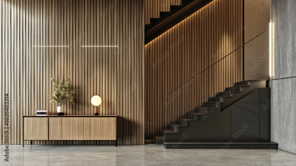 Obraz premium Modern Interior Design with Wooden Walls and Sleek Staircase