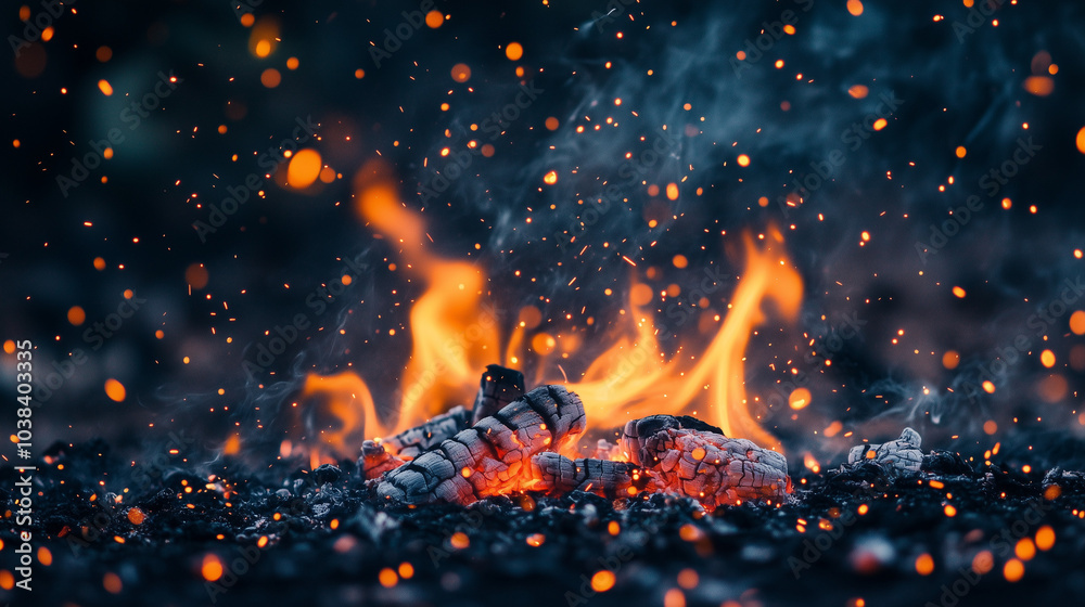 Obraz premium Rozmyte iskry unoszą się w powietrzu na tle głębokiej czerni, tworząc efekt eterycznego ognia. 