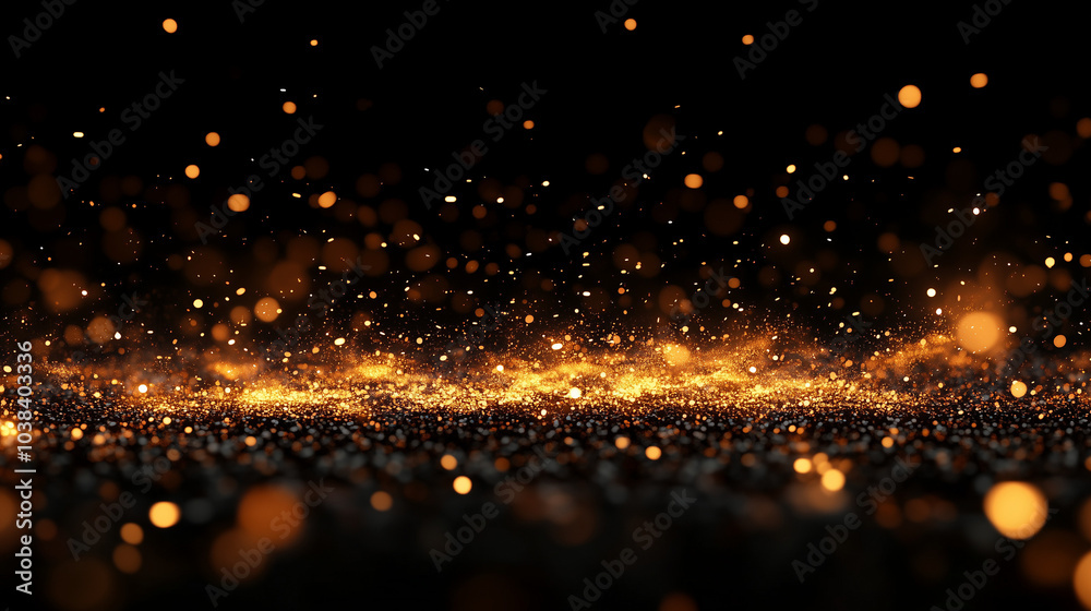 Naklejka premium Rozmyte iskry unoszą się w powietrzu na tle głębokiej czerni, tworząc efekt eterycznego ognia. 