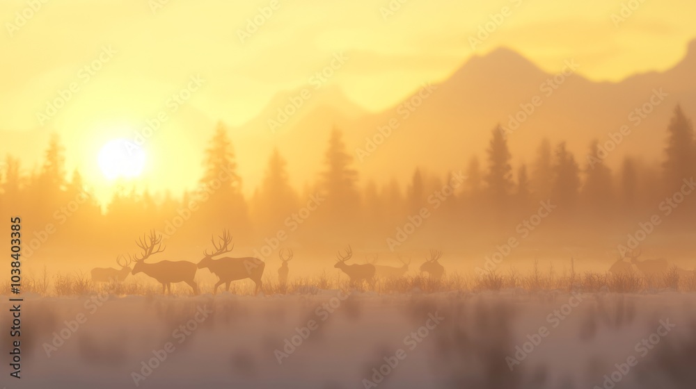 Fototapeta premium Majestic Elk Herd Grazing in Ice Age Snowscape at Sunset - Ultra-Detailed Wildlife Scene with Breath Vapor in Winter Wilderness