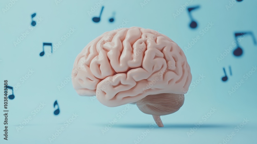The human brain is depicted with bustling musical notes set against a calming pastel blue backdrop, merging art with sound. Generative AI The human brain is depicted with bustling musical notes set against a calming pastel blue backdrop, merging art with sound. Generative AI