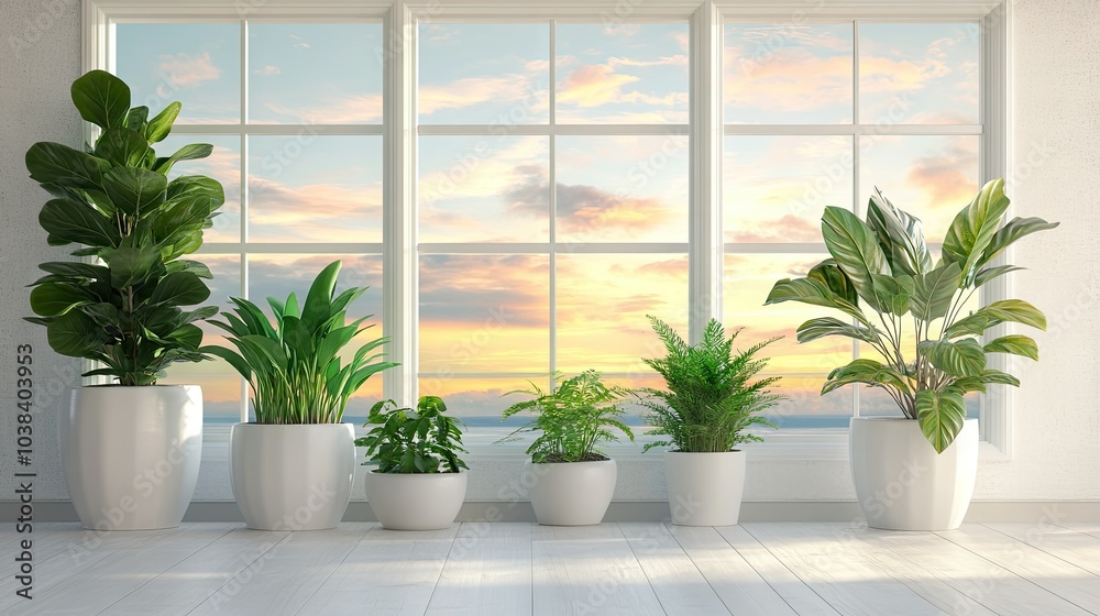 Fototapeta premium Modern Interior with Green Plants and Scenic Window View