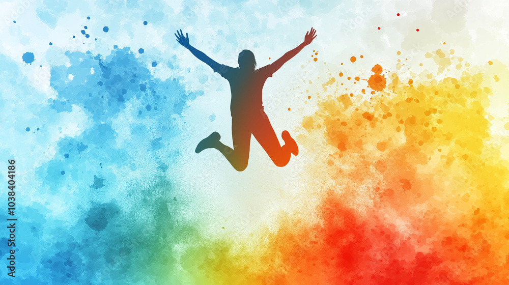 Naklejka premium Silhouette of a person joyfully jumping, surrounded by splashes of watercolor in shades of blue, orange, and yellow. The vibrant colors and dynamic pose evoke themes of happiness, energy, and freedom