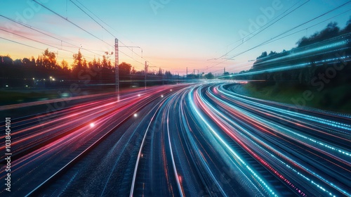 A long exposure shot of a highway with blurred lights from cars passing by at dusk.