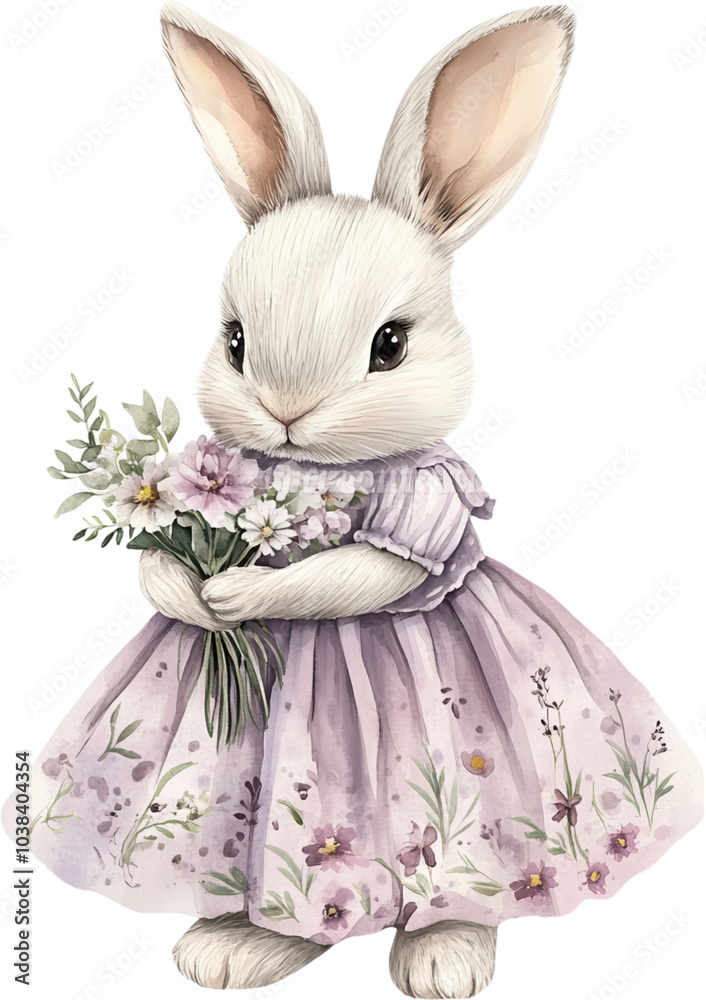 Obraz premium Adorable bunny in a lace dress holding a bouquet of wildflowers