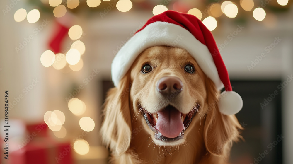 A dog wearing a Santa hat is smiling and looking at the camera
