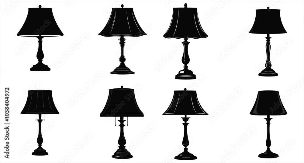 Set of table lamp silhouettes icons. Decorative table lamp silhouettes vector design. Stylish table lamp silhouettes vector collection. Table lamp silhouettes vector illustration Set of table lamp silhouettes icons. Decorative table lamp silhouettes vector design. Stylish table lamp silhouettes vector collection. Table lamp silhouettes vector illustration