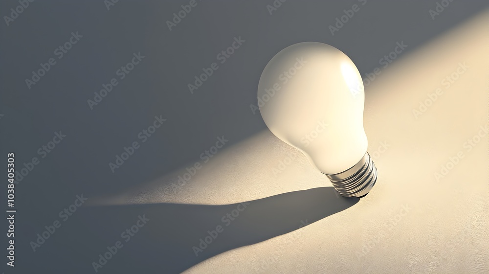 Glowing Light Bulb Casting Bright Shadow in Minimalist White Background