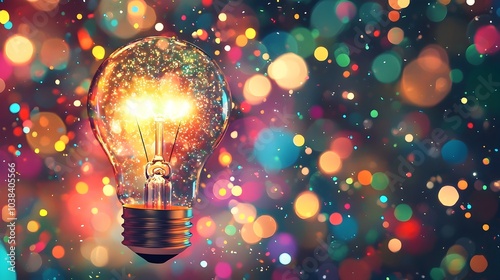 Illuminated Light Bulb Surrounded by Vibrant Floating Particles Symbolizing Creativity and