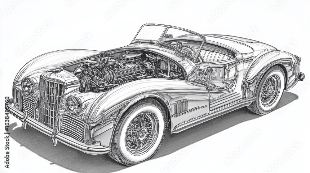 Fototapeta premium Classic Car Illustration with Detailed Engine View