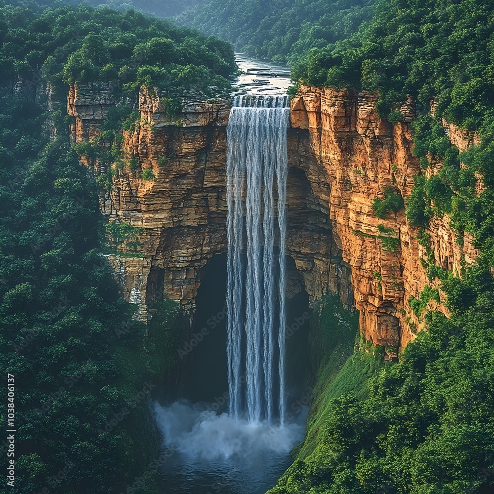 Fototapeta premium A breathtaking waterfall cascading down steep cliffs, surrounded by lush greenery, creating a serene and tranquil atmosphere in the heart of nature.