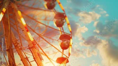 Vintage stylized ferris wheel with colorful sunset