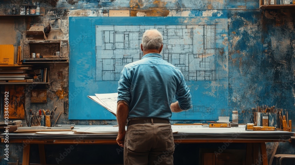 Senior architect sketching building plans on a blue wall at a construction site during daylight Senior architect sketching building plans on a blue wall at a construction site during daylight