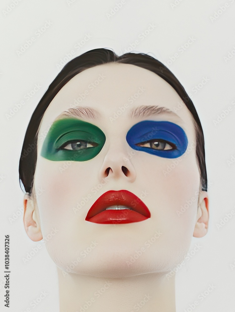 Woman face with artistic colourful makeup against white background Woman face with artistic colourful makeup against white background