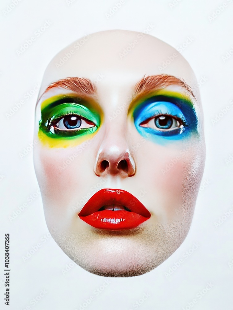 Woman face with artistic colourful makeup against white background Woman face with artistic colourful makeup against white background