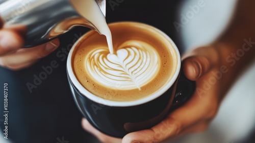 Barista carefully pouring steamed milk into a latte, creating a perfect heart-shaped foam art. Craft and passion in coffee-making.