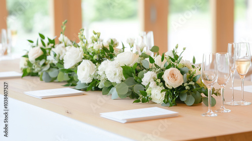 A table with a white tablecloth and a long floral arrangement in the center