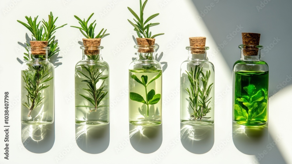 Herbal Essential Oils in Glass Bottles with Cork Stoppers on White Background Herbal Essential Oils in Glass Bottles with Cork Stoppers on White Background