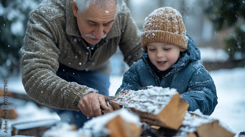 A grandfather and his grandson gather firewood in the snow on a cold winter day

