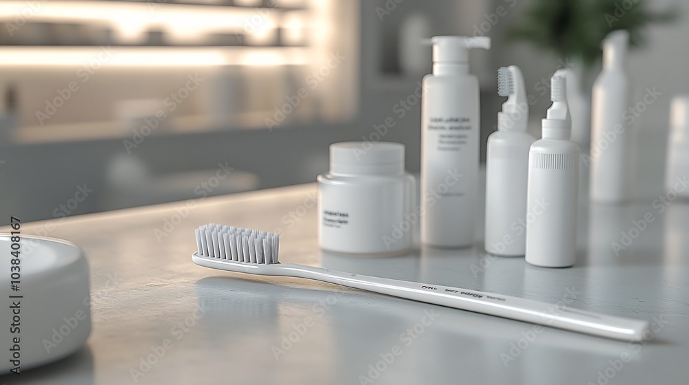 Elegant presentation of a white and monotone color dental care kit including a toothbrush and dental tools set on a light background that radiates cleanliness and promotes dental health awareness Elegant presentation of a white and monotone color dental care kit including a toothbrush and dental tools set on a light background that radiates cleanliness and promotes dental health awareness