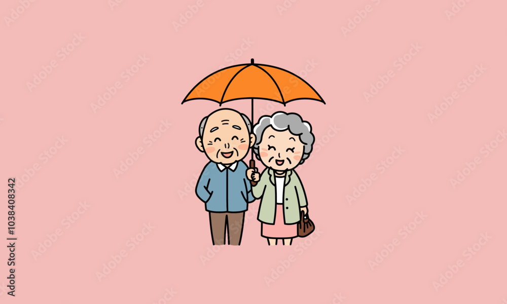 Elderly couple smiling under an umbrella illustration. Elderly couple smiling under an umbrella illustration.