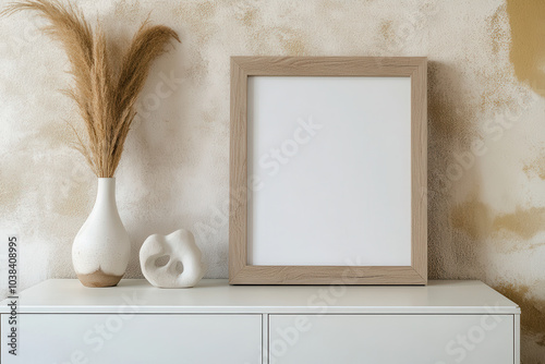 Minimalist decor featuring blank wooden frame, vase with dried grass, and sculptural object on white cabinet against textured wall. This serene setup evokes sense of calm and simplicity