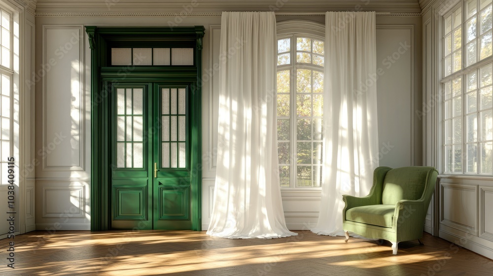 Fototapeta premium Elegant Living Room with Natural Light and Green Accents