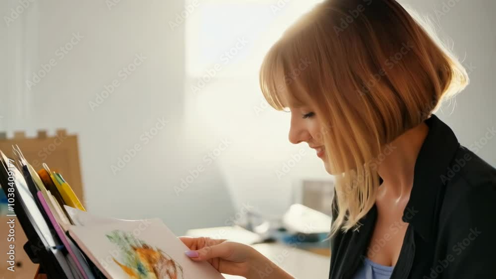A woman with brown hair and a black shirt is sitting in front of a painting A woman with brown hair and a black shirt is sitting in front of a painting