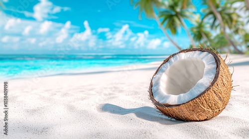 Coconut on Tropical Beach with Clear Blue Water