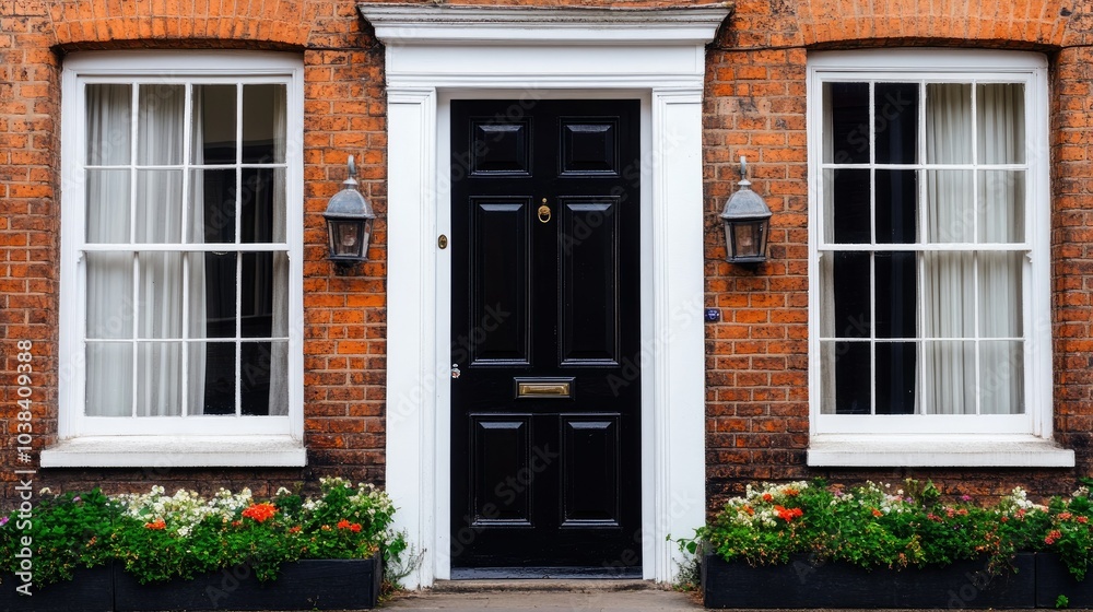 Elegant Black Door with White Trim at Cozy Cottage Elegant Black Door with White Trim at Cozy Cottage