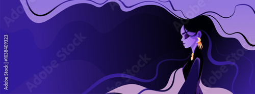 Woman with long hair. Magic Illustration for horoscope and natal chart background. Horizontal vector illustration. Banner for astrology and business