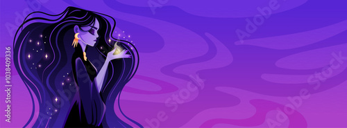 Woman witch with long hair and stars. Magic Illustration for horoscope and natal chart background. Horizontal vector illustration. Banner for astrology and business