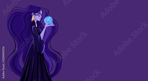 Beautiful woman holding magical glowing ball for predictions and esotericism, seer, flat design for halloween banner. Fortune teller, sorceress or witch. Cartoon vector illustration