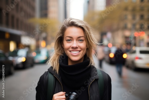 Wallpaper Mural Happy young woman with camera in New York City. Shallow depth of field Torontodigital.ca