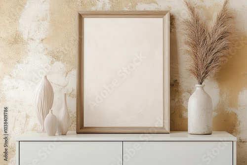 minimalist interior scene featuring blank frame on white cabinet, complemented by decorative vases and dried pampas grass. warm, textured wall adds cozy touch to aesthetic