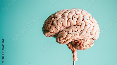 Close-up of human brain model with visible tumor, neutral background, soft lighting, medical focus, detailed representation, educational tool for medical professionals and students.