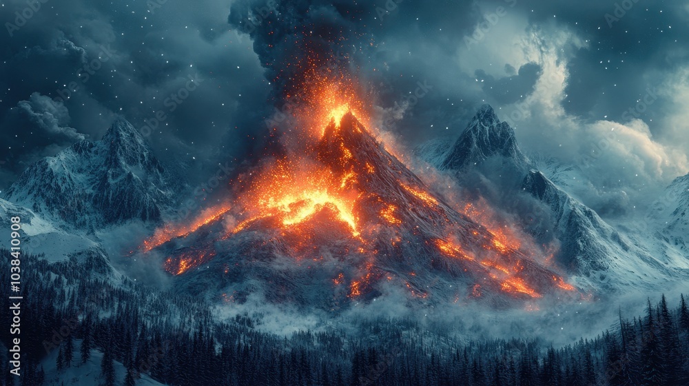 Powerful volcanic eruption. A huge bulge erupts in winter. generative AI