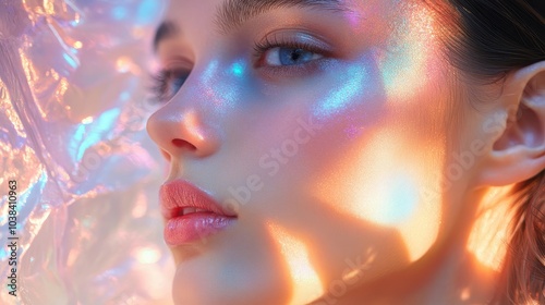 Romantic profile of a gentle young woman on background made of reflective plastic materials, colors change with viewing or illumination geometry, futuristic iridescent concept.