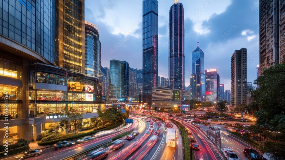 Vibrant Urban Scene at Dusk with Traffic Flow Vibrant Urban Scene at Dusk with Traffic Flow