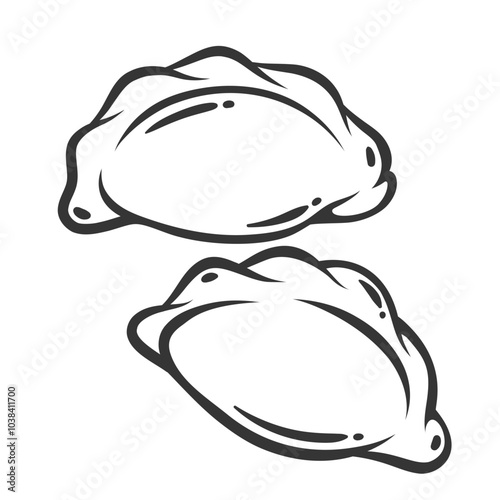Two dumplings, varenyky, pierogi line icon. Outline hand drawn vintage boiled buns with potatoes, cottage cheese fillings. Ukrainian, Polish food mascot, simple dumplings icon vector illustration