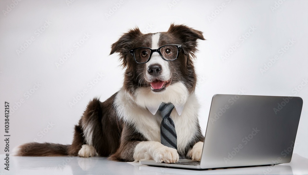 ノートパソコンと犬、ネクタイをして眼鏡をかけているボーダーコリー。(A laptop and a dog, a border collie wearing a tie and glasses.)
ノートパソコンと犬、ネクタイをして眼鏡をかけているボーダーコリー。(A laptop and a dog, a border collie wearing a tie and glasses.)