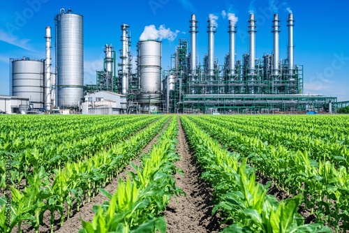 Industrial Plant and Cornfield Landscape Agriculture Manufacturing Environmental Impac photo