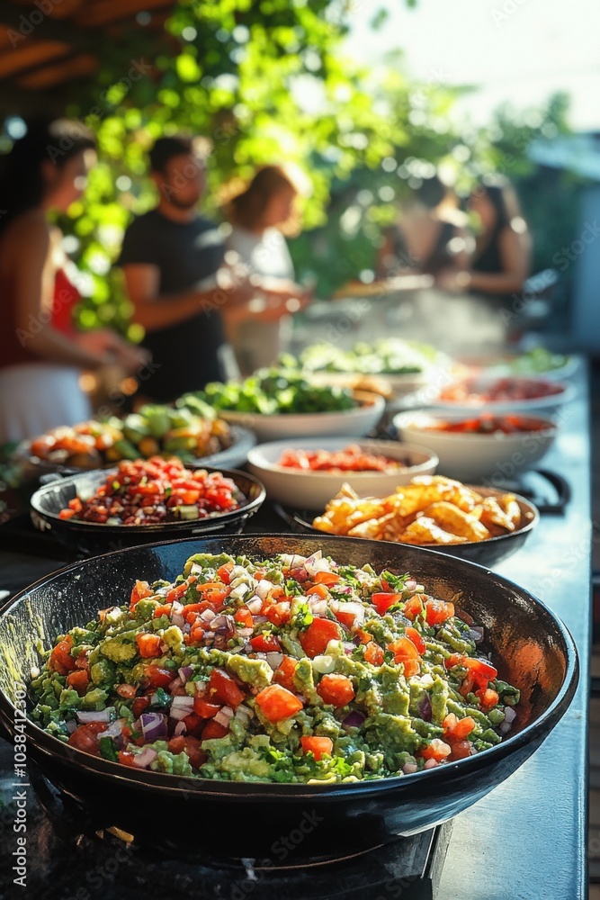Several bowls of food are on a table with people in the background Several bowls of food are on a table with people in the background