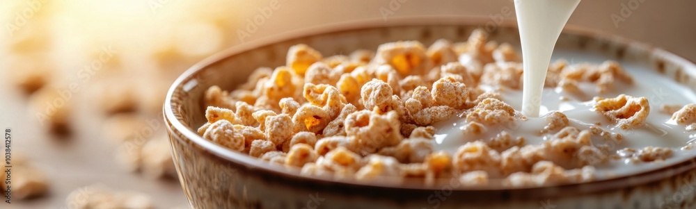 Cereal is being poured into a bowl of milk Cereal is being poured into a bowl of milk