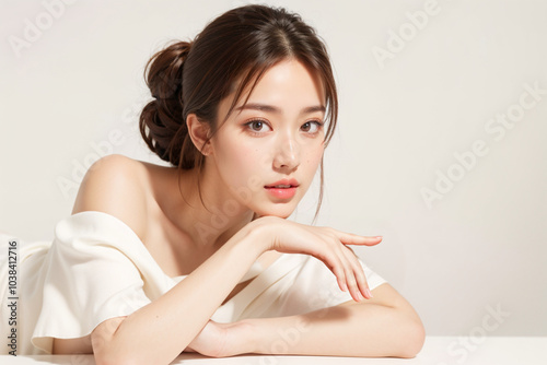 A woman with long brown hair and a white shirt is laying on a table