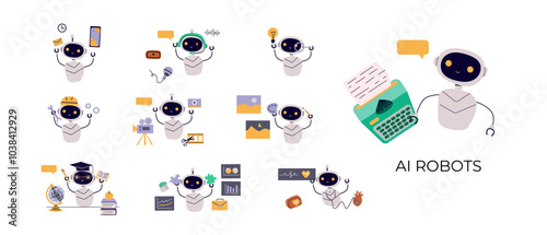Artificial intelligence robots set. Ai generating texts, images, video, music, audio, working with finance graphics, medical equipment. Generative AI hand drawn concept.